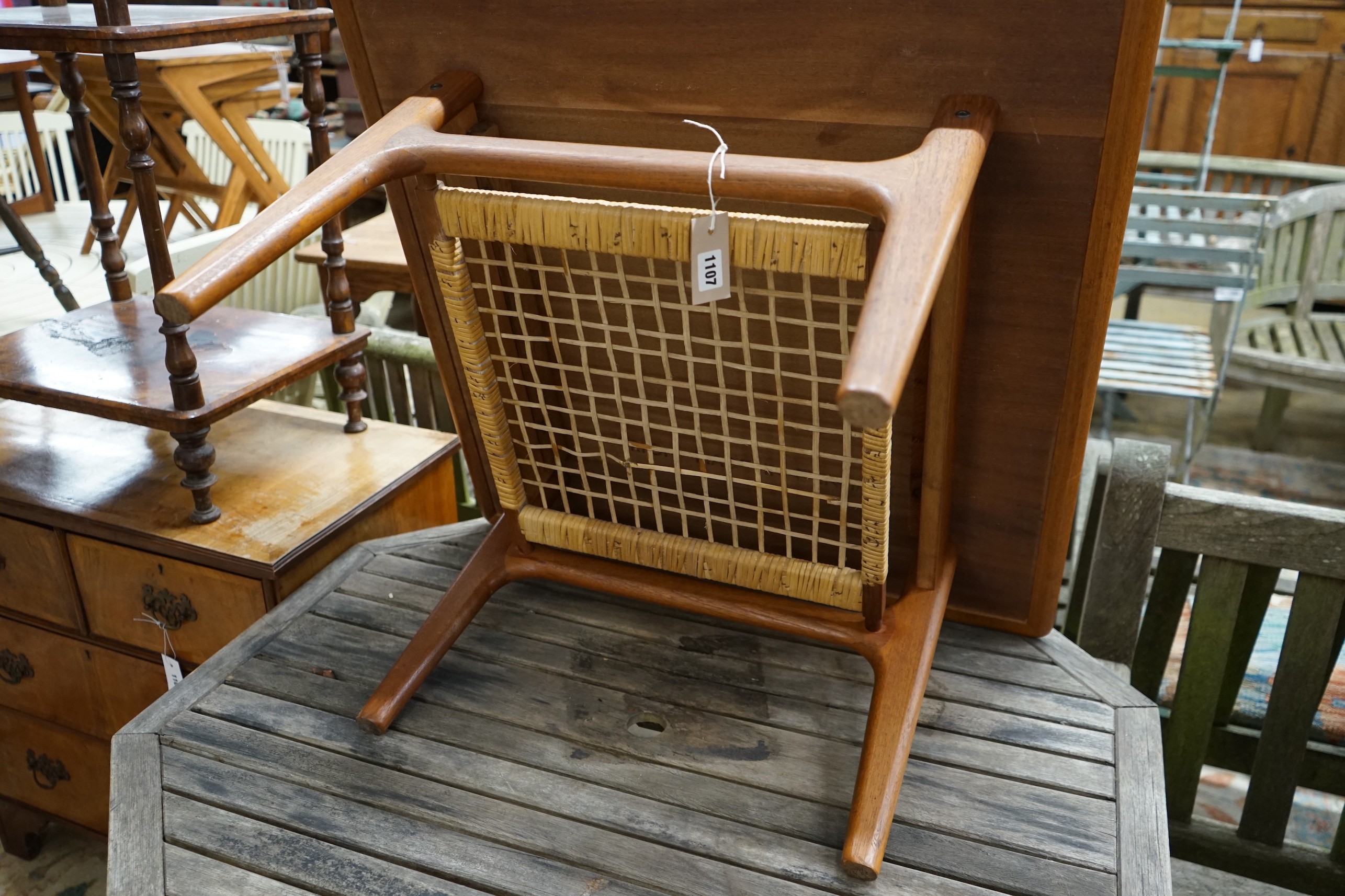 A mid century design Trioh Mobler Danish square teak coffee table with cane undertier, width 74cm, height 42cm